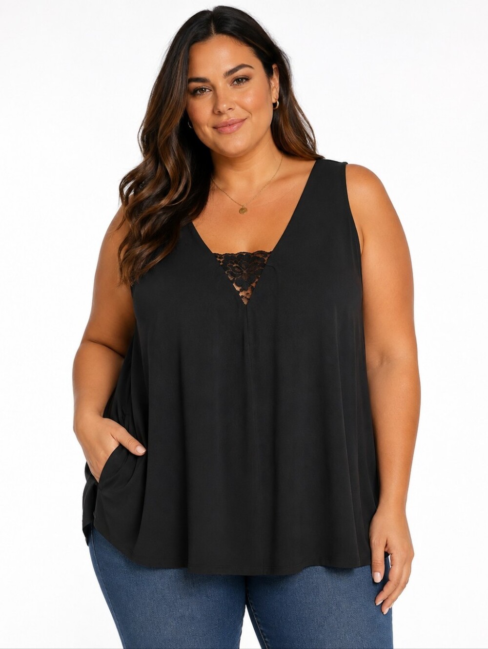Lane Bryant Black V-Neck Lace Inset Sleeveless Camisole